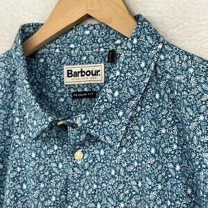 BARBOUR Shirt Mens XL Melbury Short Sleeve Floral Camp Button Up Cotton Blue